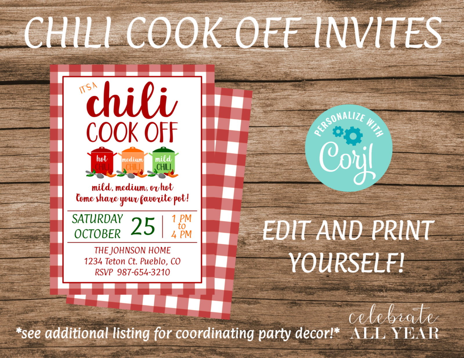 CHILI COOK OFF THROWDOWN PARTY INVITATION & FREE THANK YOU CARD 